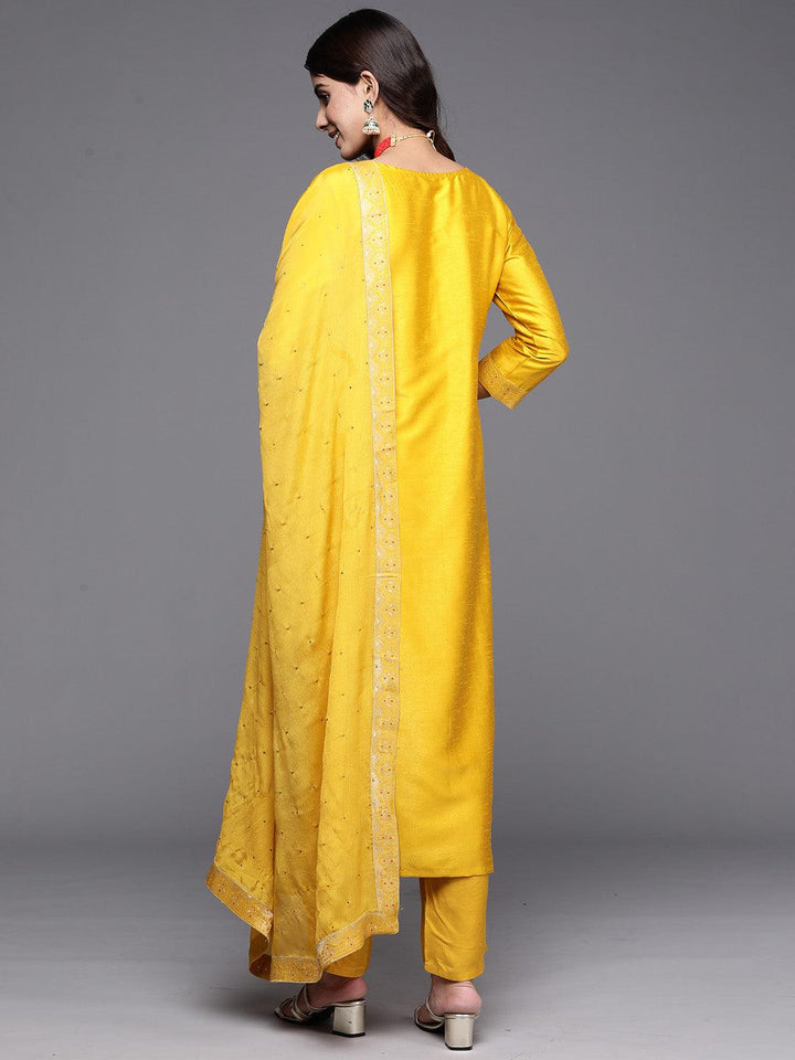 Yellow Woven Design Silk Blend Straight Kurta With Palazzos & Dupatta - Libas