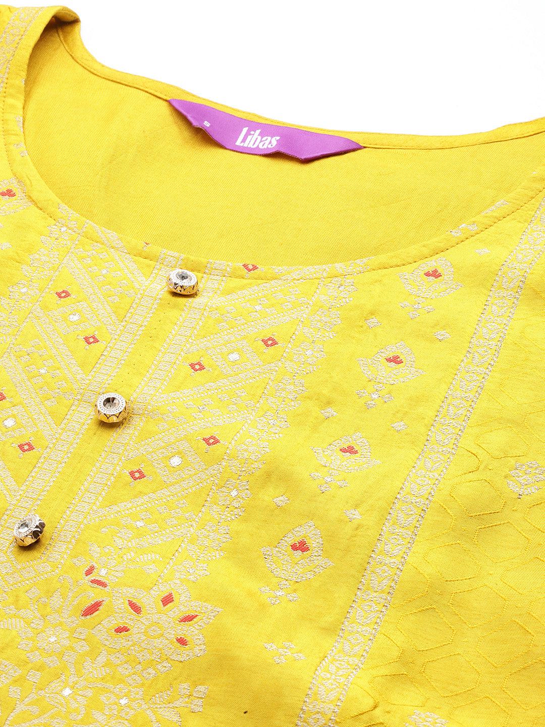 Yellow Woven Design Silk Blend Straight Kurta With Palazzos & Dupatta - Libas