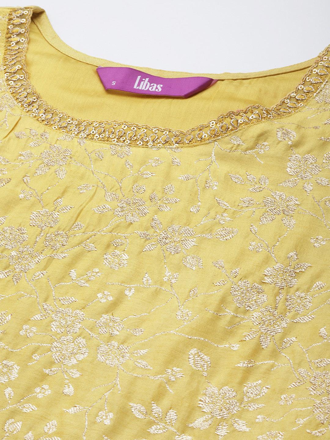 Yellow Woven Design Silk Blend Straight Kurta With Palazzos & Dupatta