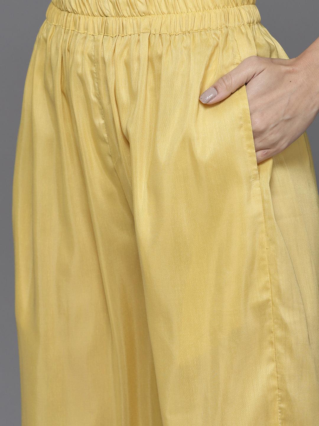 Yellow Woven Design Silk Blend Straight Kurta With Palazzos & Dupatta