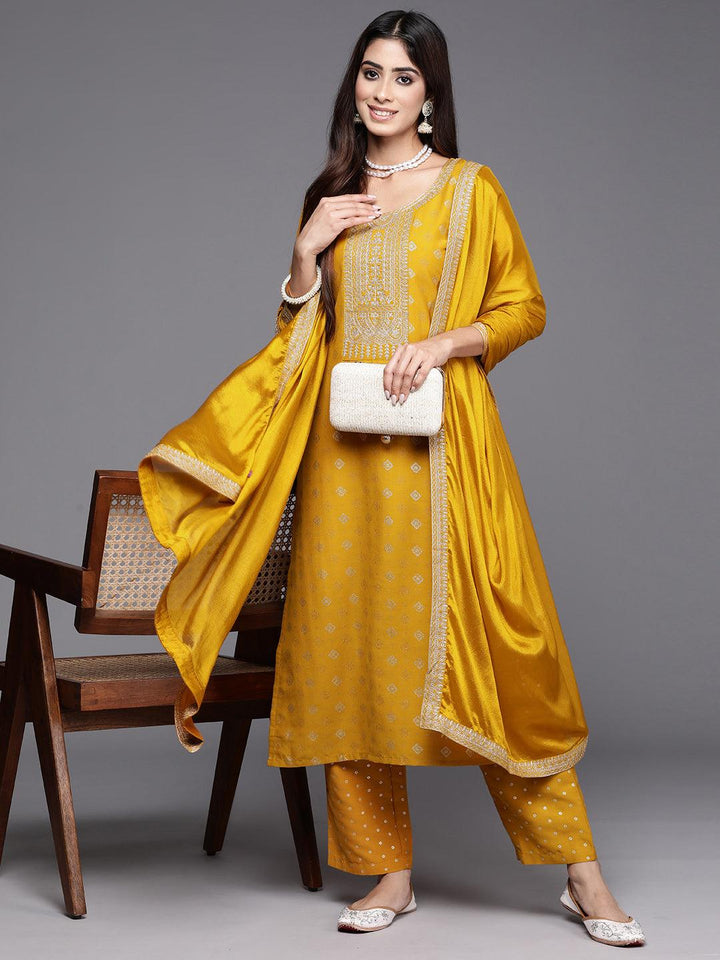 Yellow Woven Design Silk Blend Straight Kurta With Trousers & Dupatta - Libas