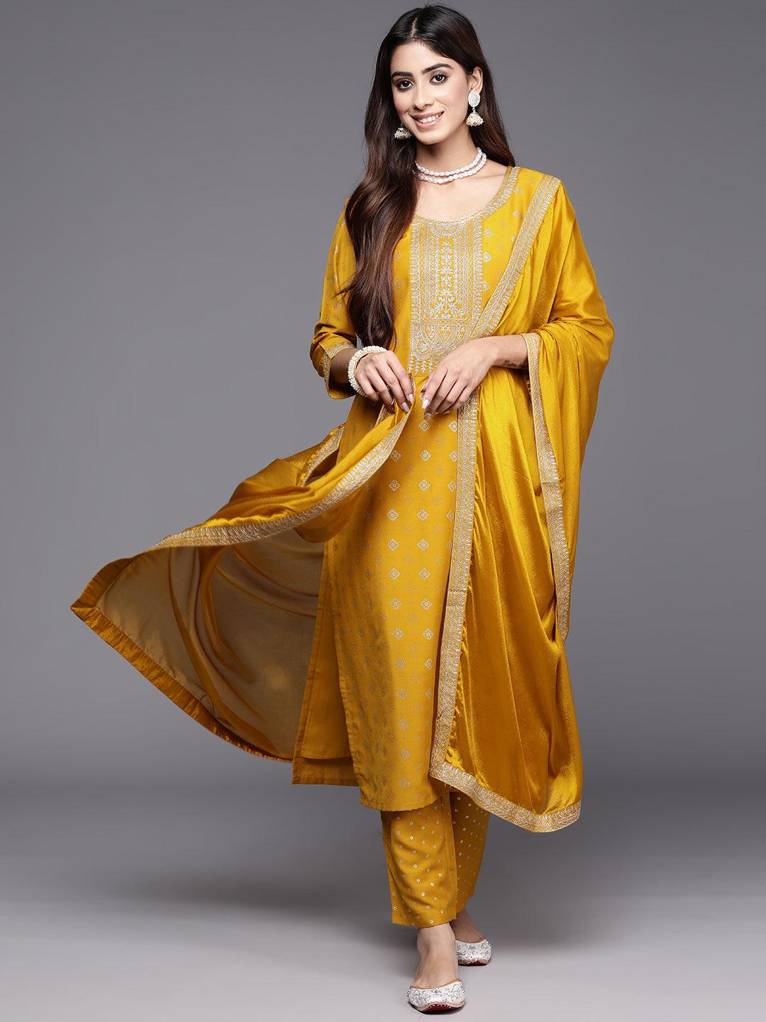 Yellow Woven Design Silk Blend Straight Kurta With Trousers & Dupatta - Libas