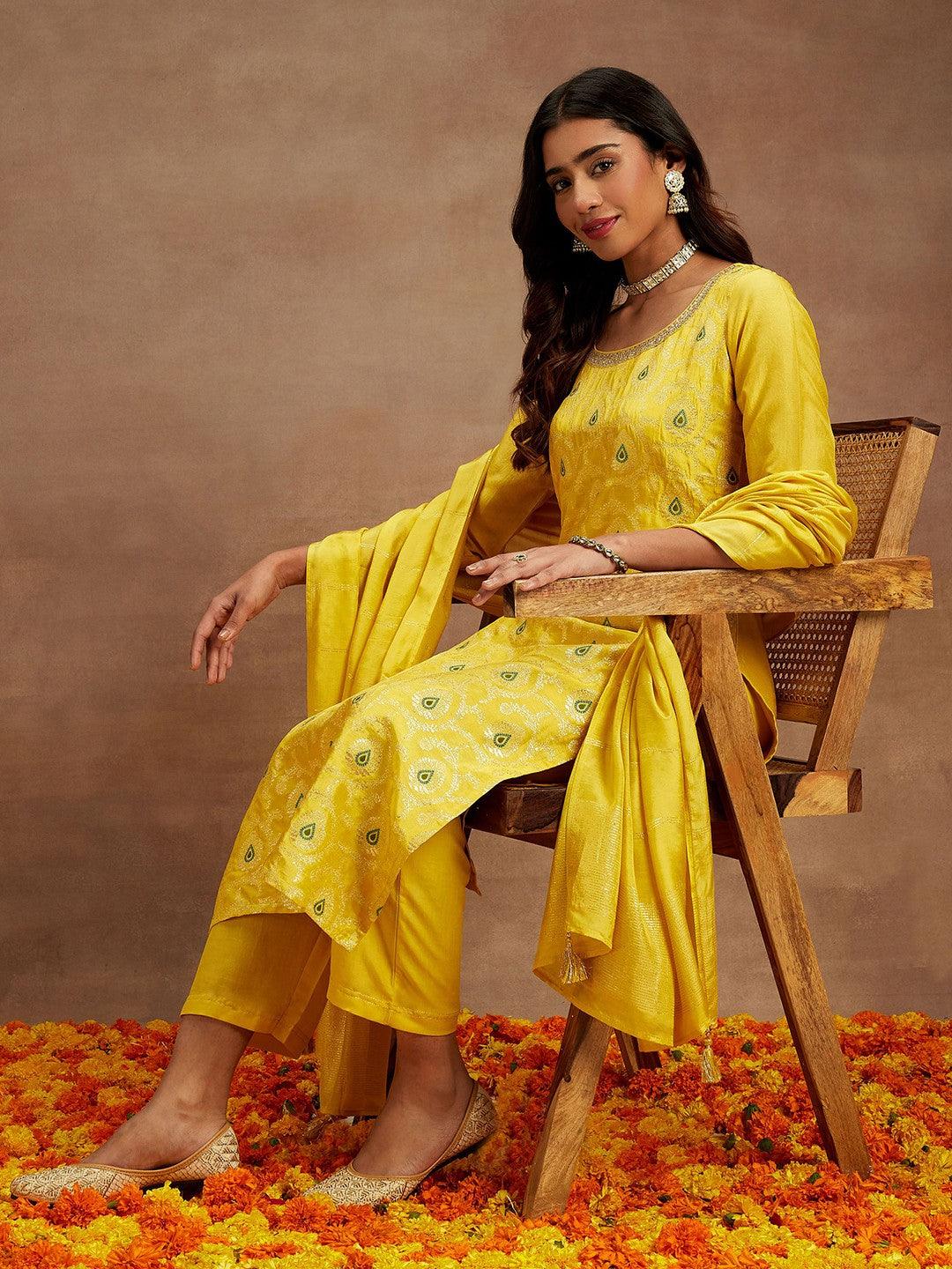 Yellow Woven Design Silk Blend Straight Kurta With Trousers & Dupatta - Libas