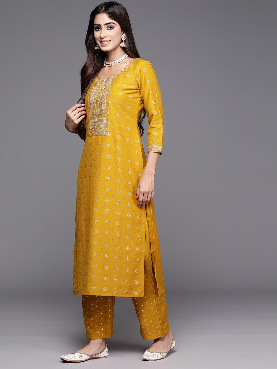 Yellow Woven Design Silk Blend Straight Kurta With Trousers & Dupatta - Libas