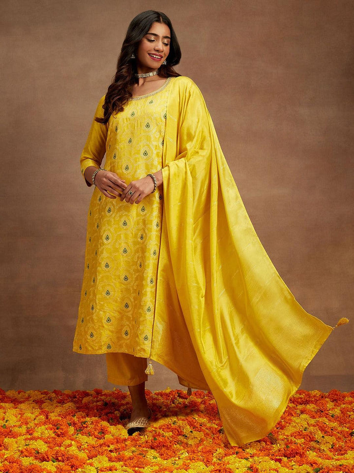 Yellow Woven Design Silk Blend Straight Kurta With Trousers & Dupatta - Libas