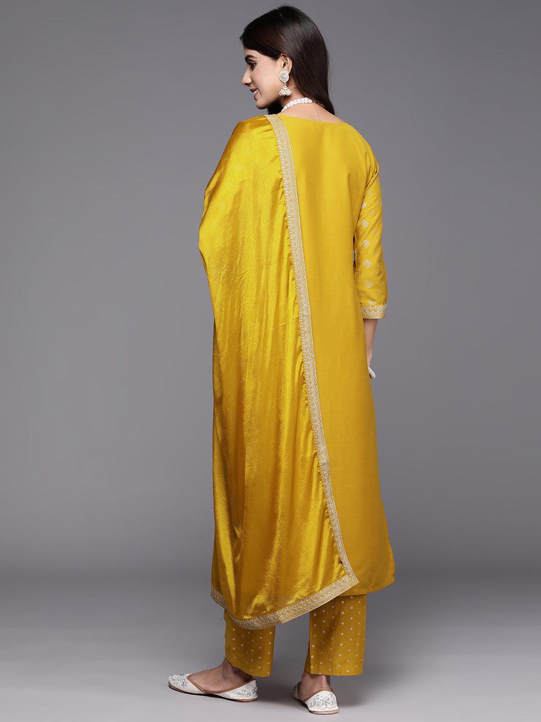 Yellow Woven Design Silk Blend Straight Kurta With Trousers & Dupatta - Libas