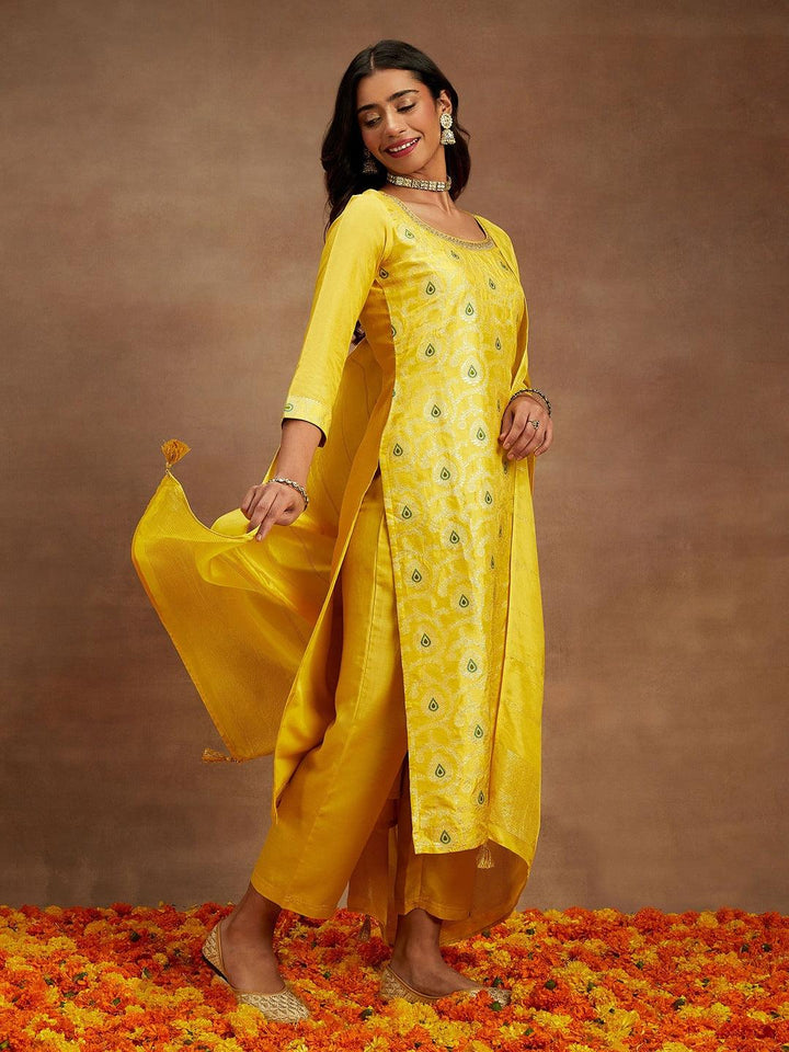 Yellow Woven Design Silk Blend Straight Kurta With Trousers & Dupatta - Libas