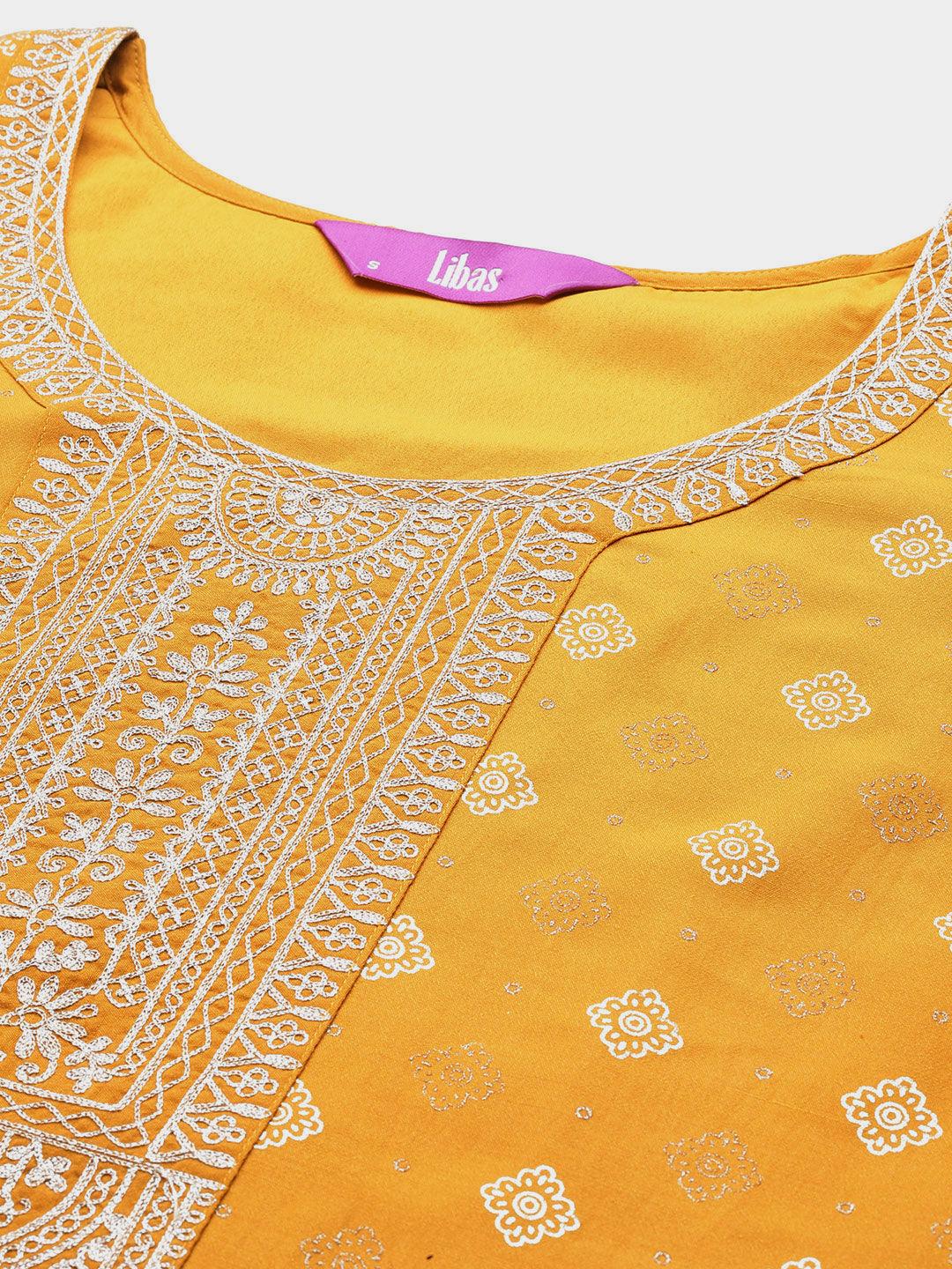 Yellow Woven Design Silk Blend Straight Kurta With Trousers & Dupatta - Libas