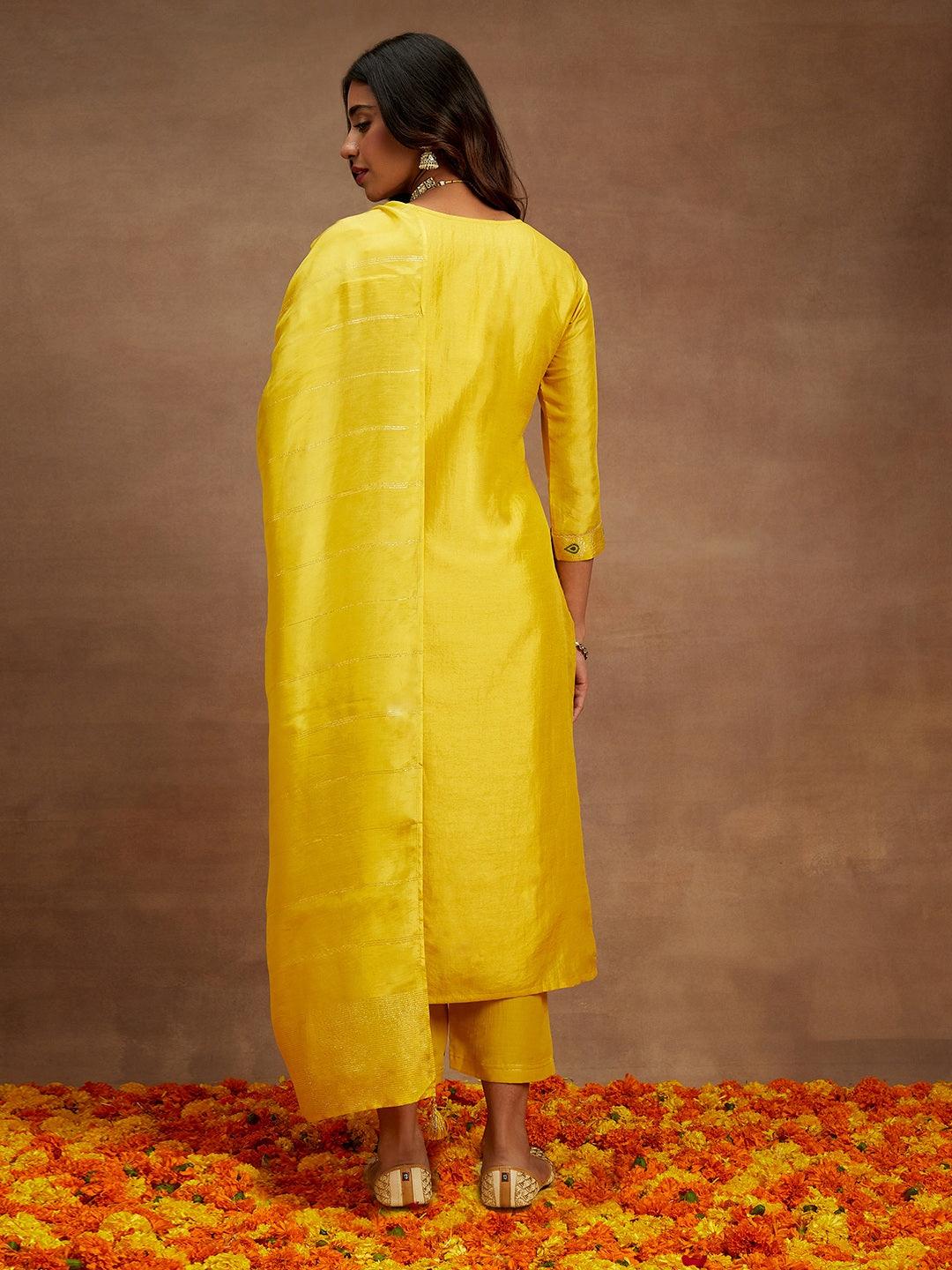 Yellow Woven Design Silk Blend Straight Kurta With Trousers & Dupatta - Libas