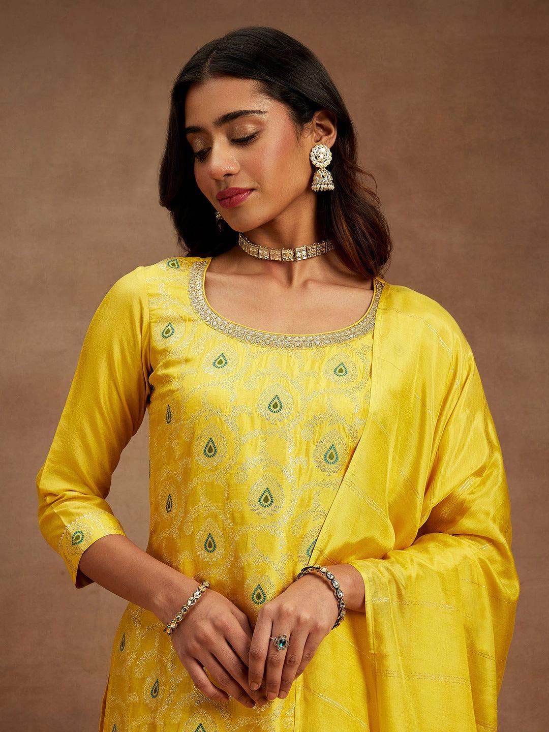 Buy Yellow Woven Design Silk Blend Straight Suit With Dupatta Online At ...