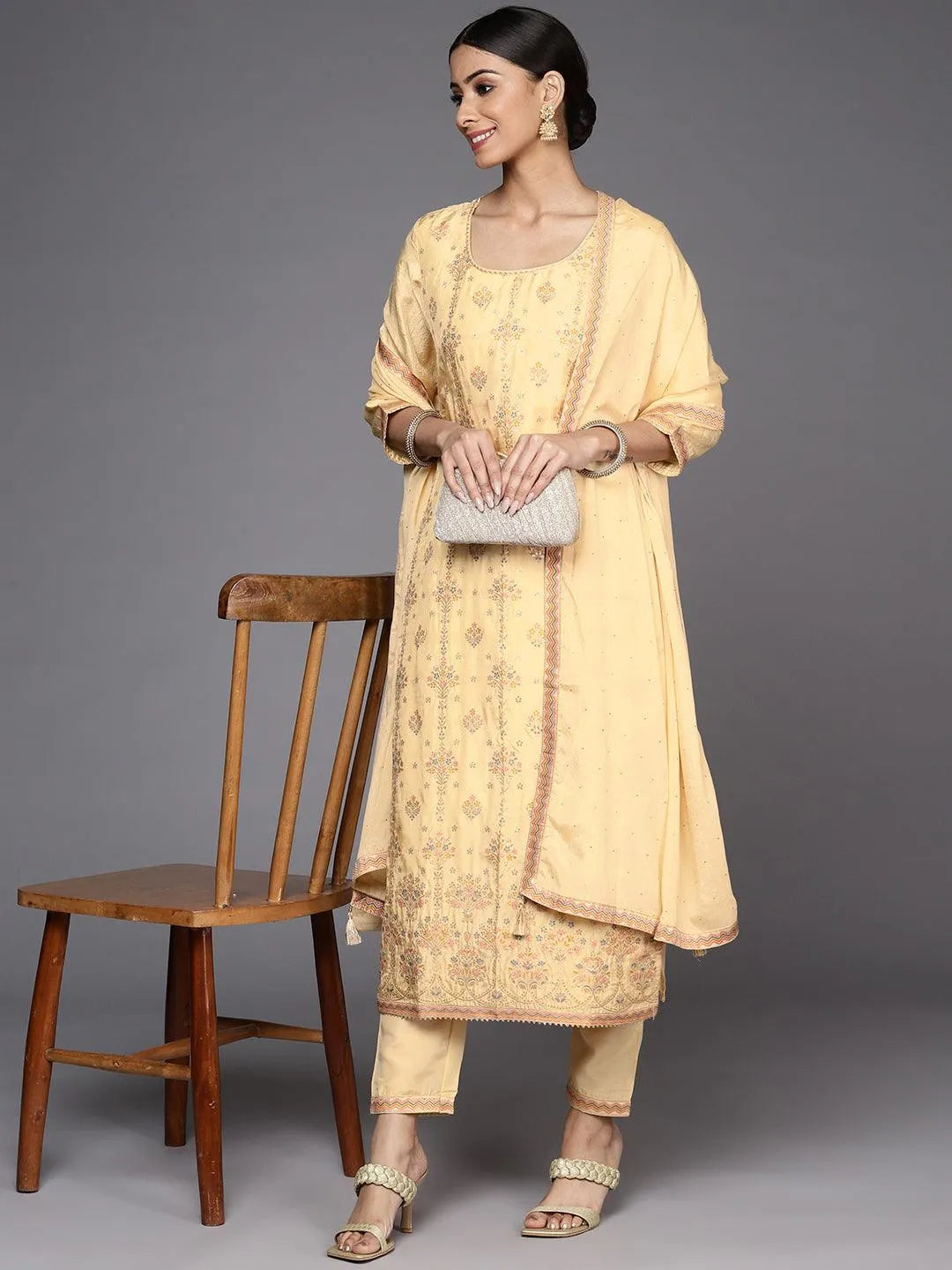 Yellow Woven Design Silk Suit Set - Libas