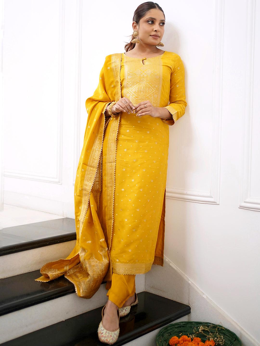 Yellow Woven Design Silk Straight Kurta With Trousers & Dupatta - Libas