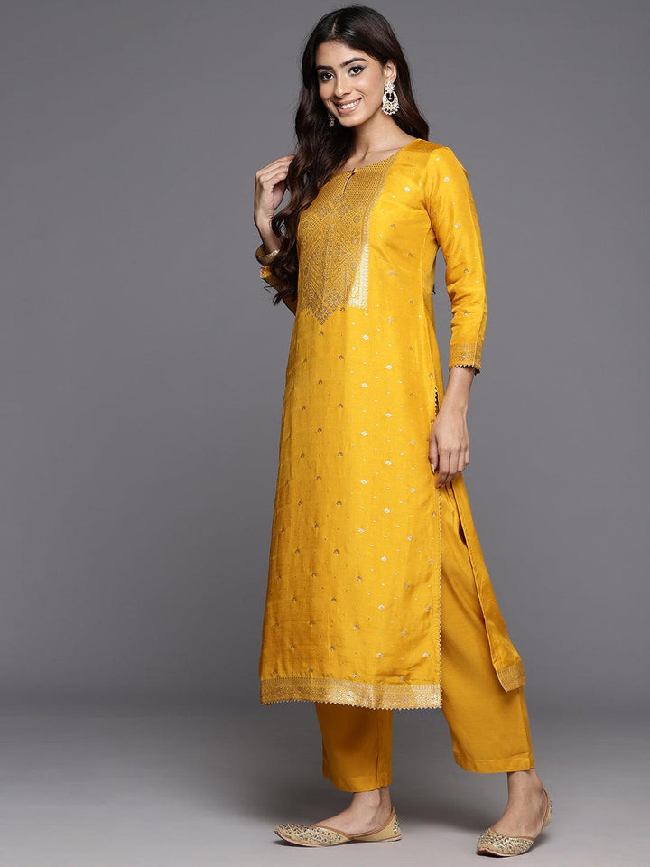 Yellow Woven Design Silk Straight Kurta With Trousers & Dupatta - Libas