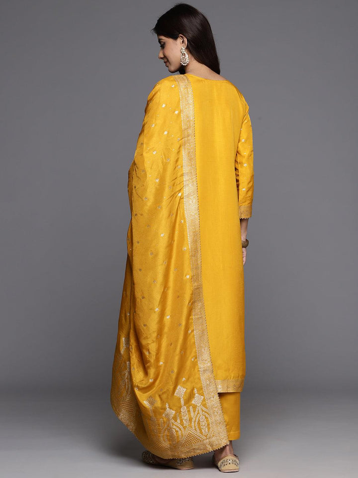 Yellow Woven Design Silk Straight Kurta With Trousers & Dupatta - Libas