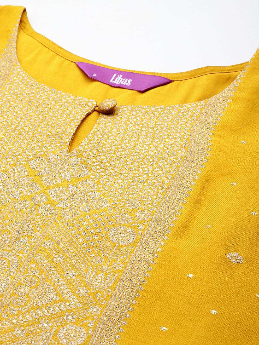 Yellow Woven Design Silk Straight Kurta With Trousers & Dupatta - Libas