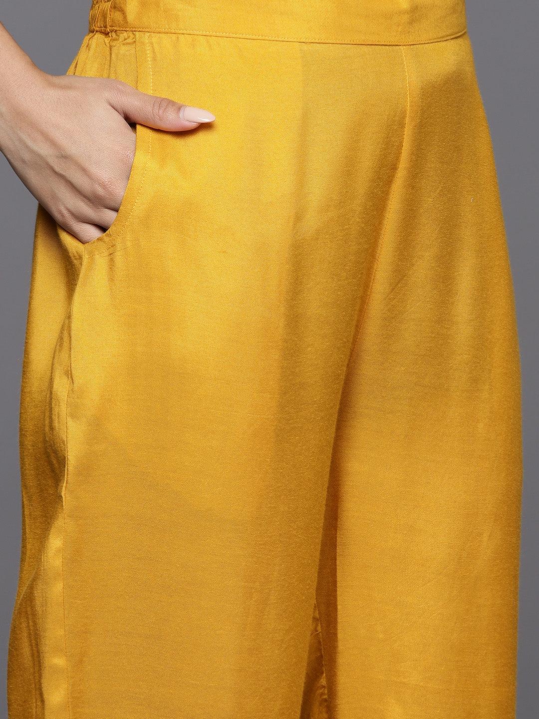 Yellow Woven Design Silk Straight Kurta With Trousers & Dupatta - Libas