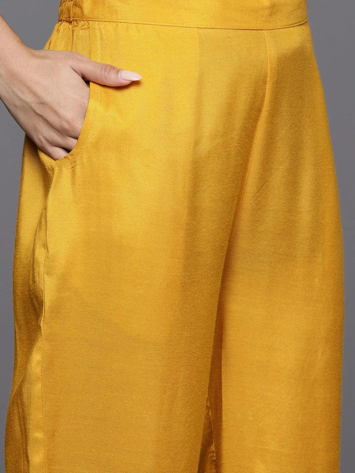 Yellow Woven Design Silk Straight Kurta With Trousers & Dupatta - Libas