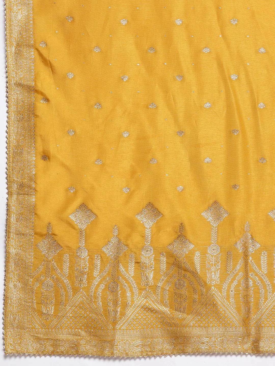 Yellow Woven Design Silk Straight Kurta With Trousers & Dupatta - Libas