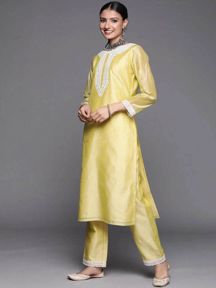 Yellow Yoke Design Chanderi Silk Straight Suit Set - Libas