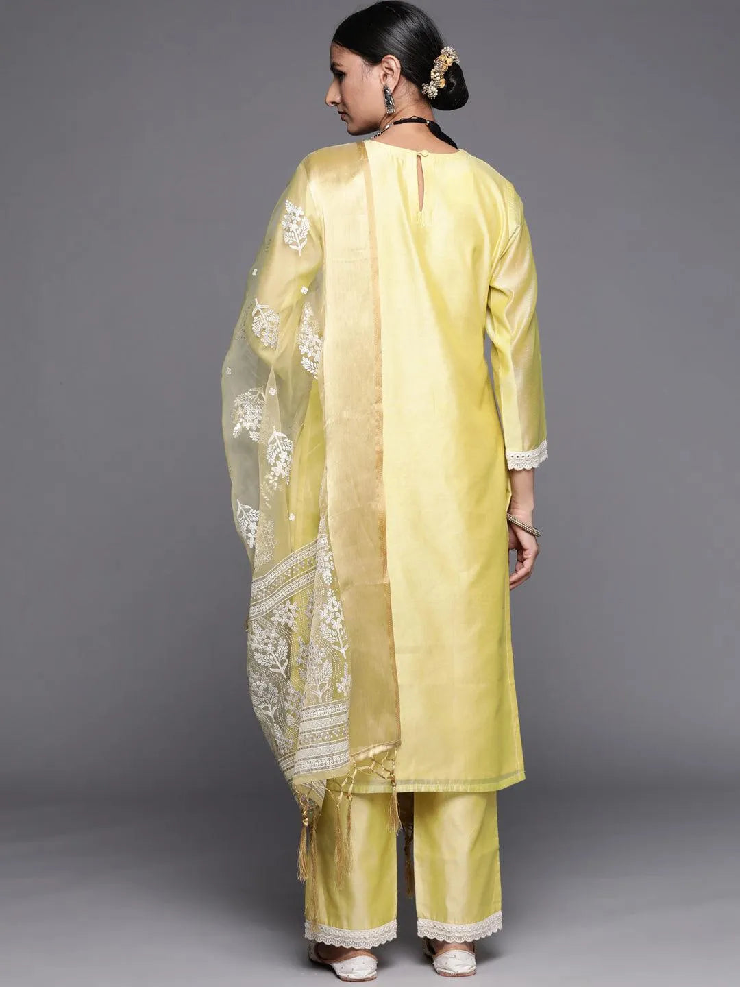 Yellow Yoke Design Chanderi Silk Straight Suit Set - Libas