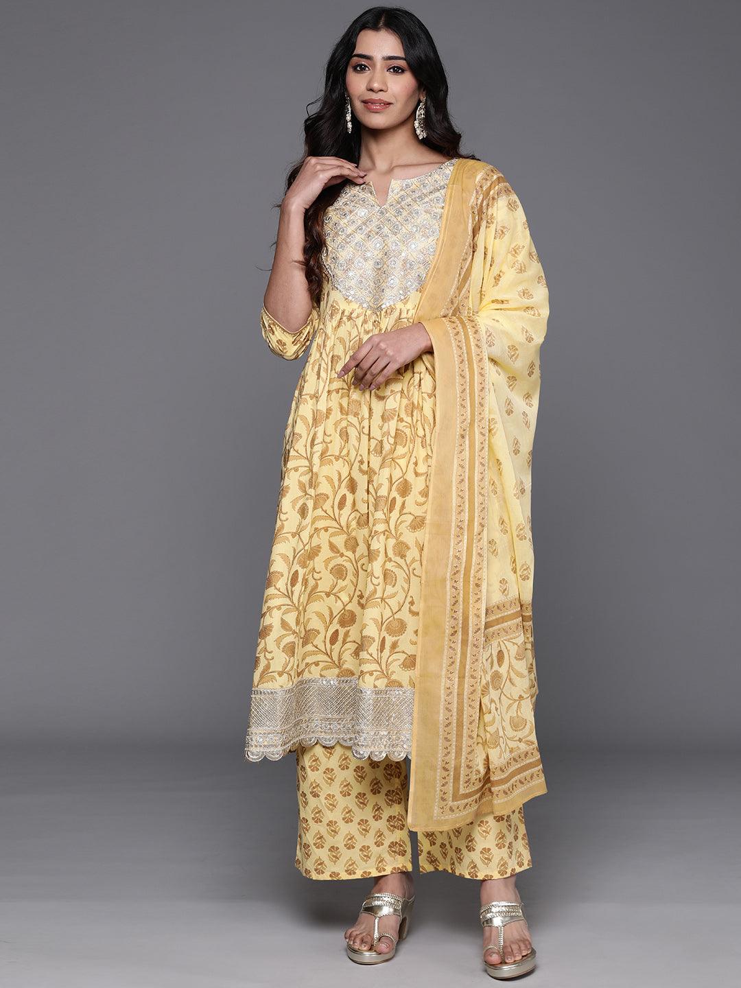 Yellow Yoke Design Cotton A-Line Kurta With Palazzos & Dupatta - Libas 