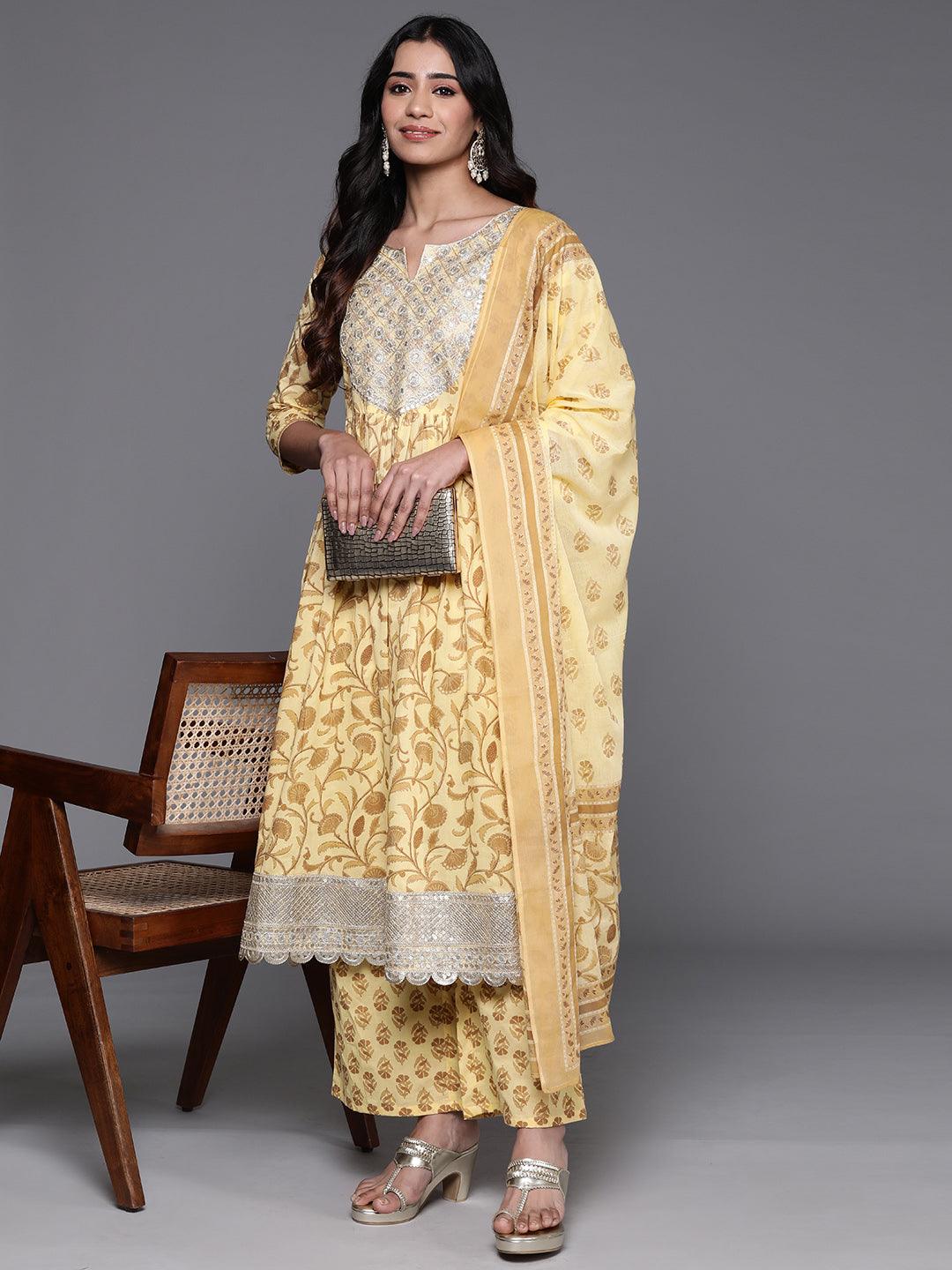 Yellow Yoke Design Cotton A-Line Kurta With Palazzos & Dupatta - Libas 