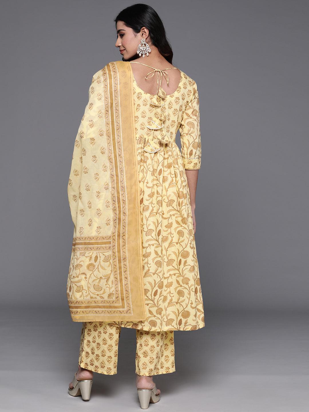 Yellow Yoke Design Cotton A-Line Kurta With Palazzos & Dupatta - Libas 