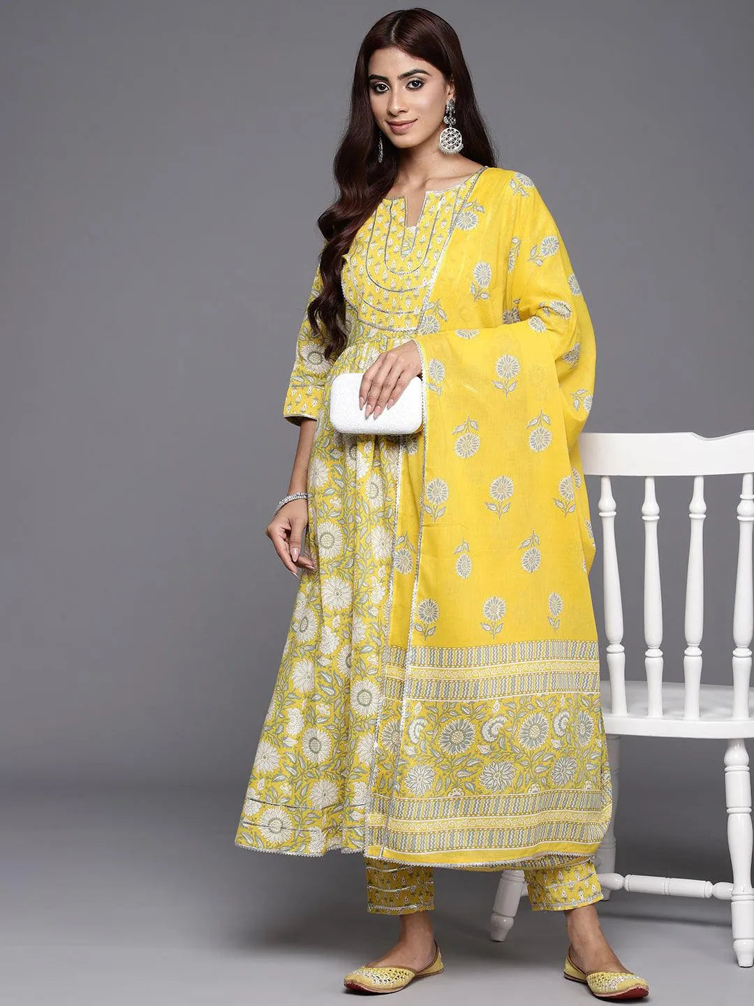 Yellow Yoke Design Cotton Anarkali Kurta With Trousers & Dupatta - Libas 