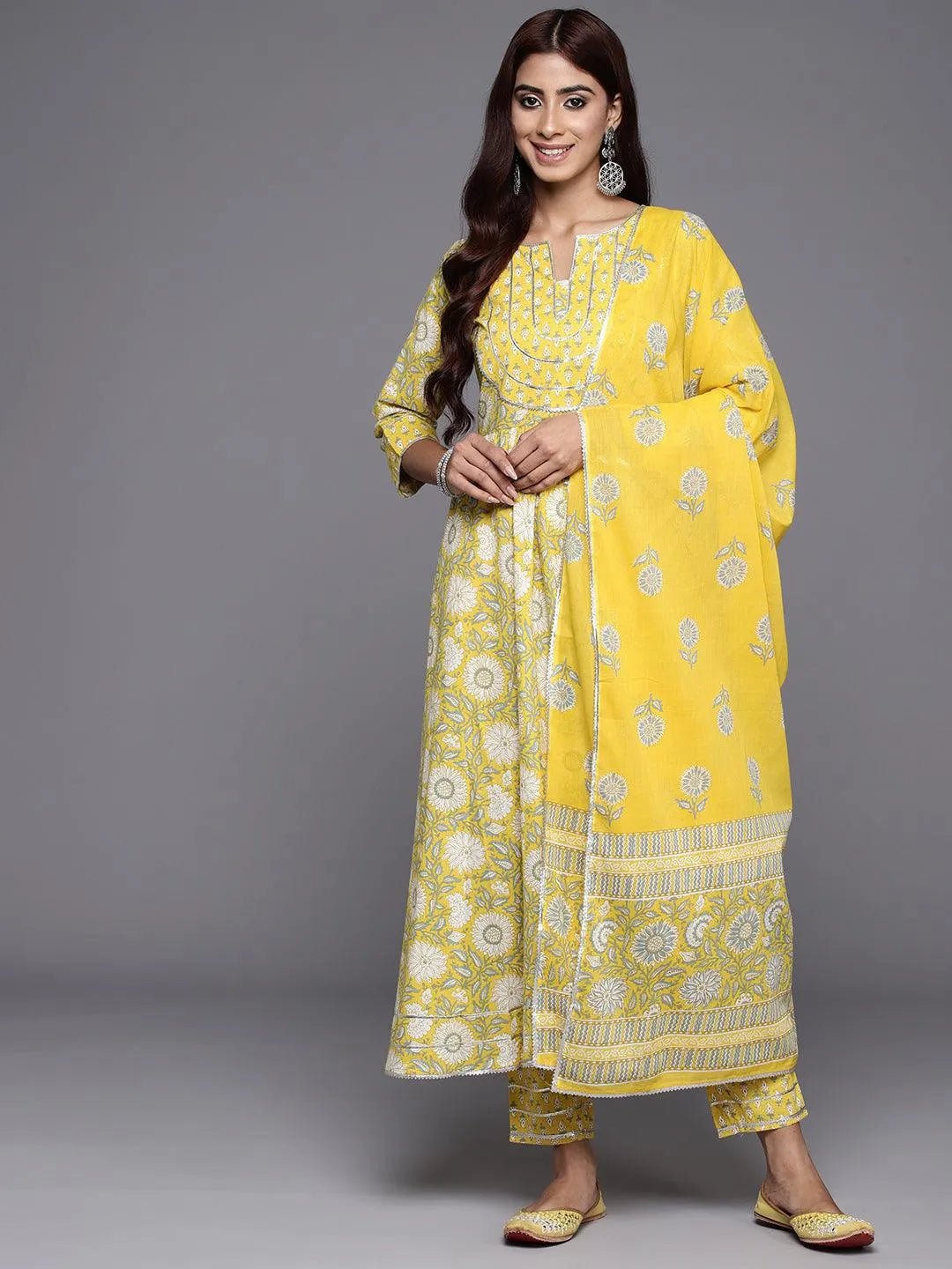 Yellow Yoke Design Cotton Anarkali Kurta With Trousers & Dupatta - Libas 