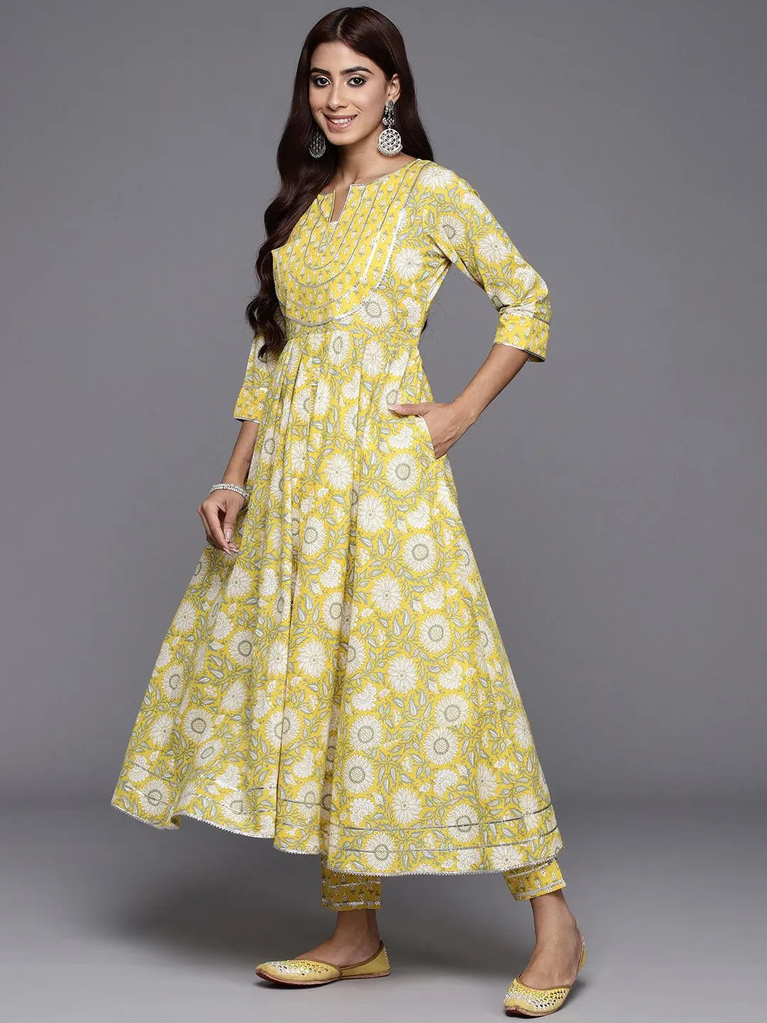 Yellow Yoke Design Cotton Anarkali Kurta With Trousers & Dupatta - Libas 