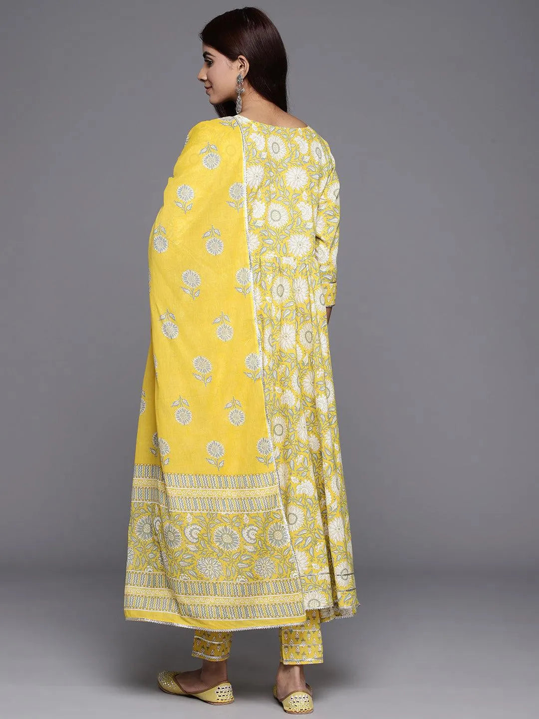 Yellow Yoke Design Cotton Anarkali Kurta With Trousers & Dupatta - Libas 