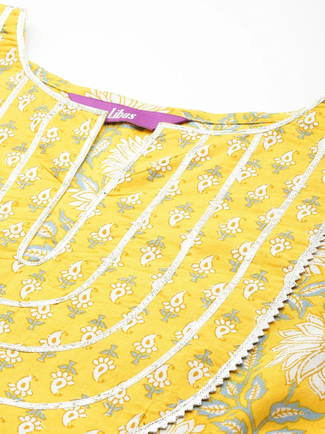 Yellow Yoke Design Cotton Anarkali Kurta With Trousers & Dupatta - Libas