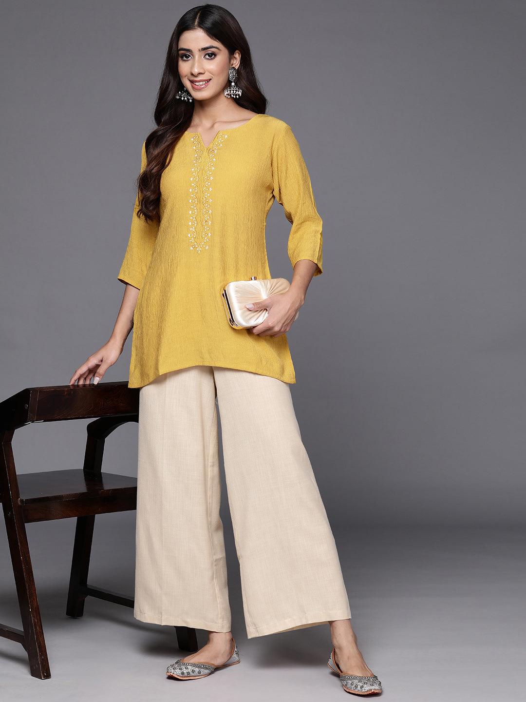 Yellow Yoke Design Cotton Blend Straight Kurti - Libas