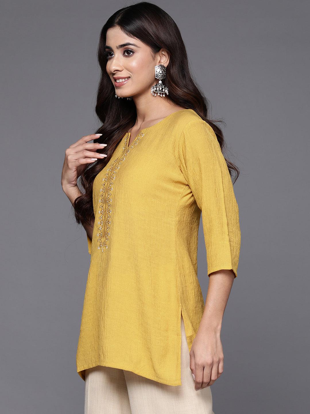 Yellow Yoke Design Cotton Blend Straight Kurti - Libas