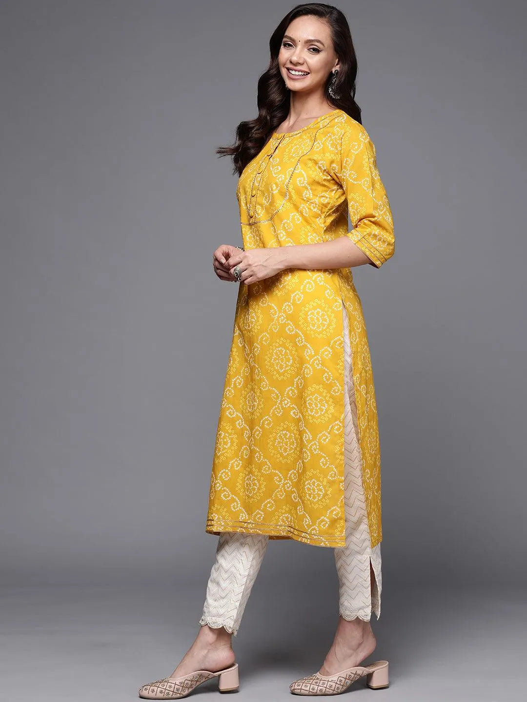 Yellow Yoke Design Cotton Straight Kurta - Libas