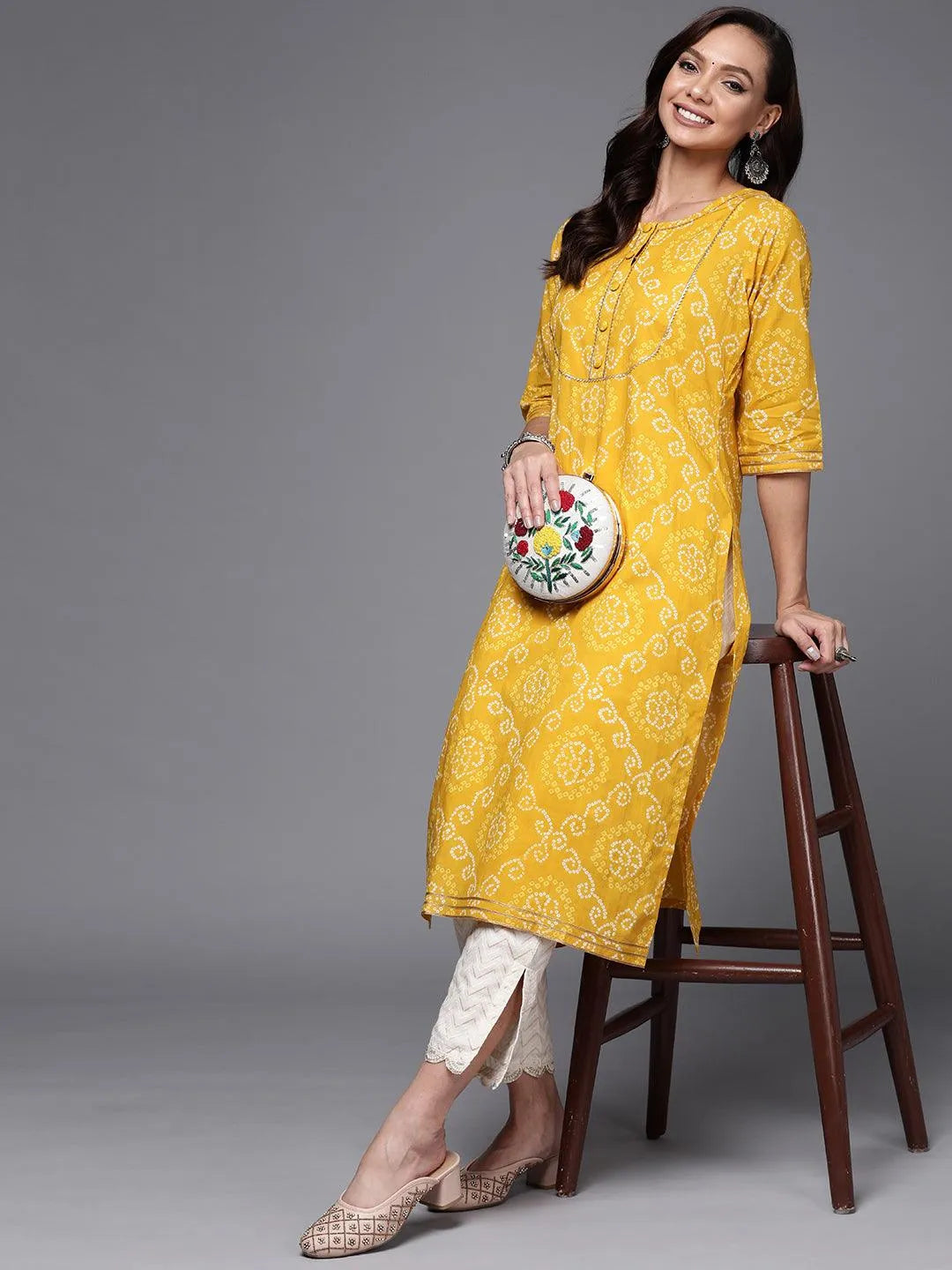 Yellow Yoke Design Cotton Straight Kurta - Libas