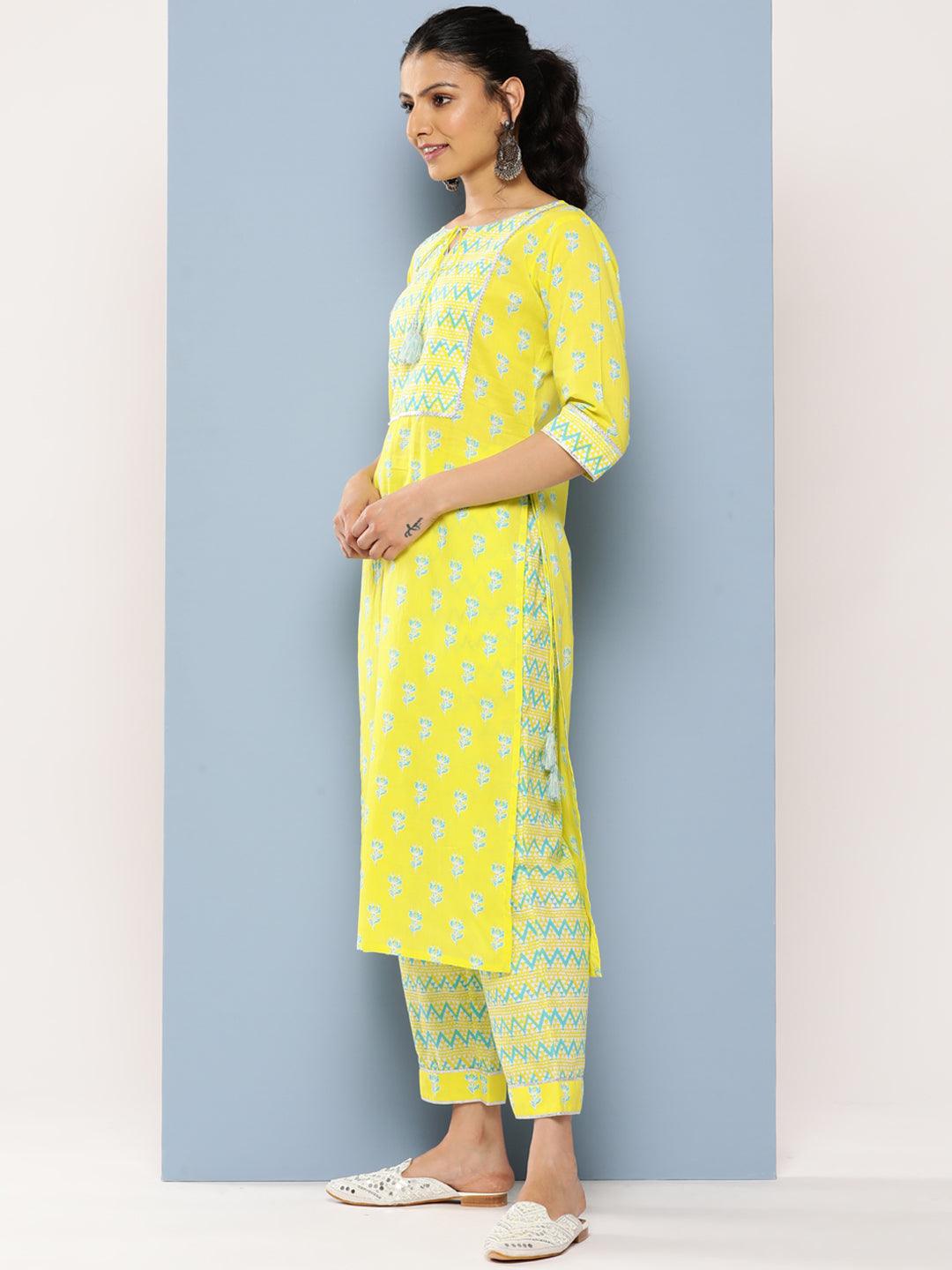 Yellow Yoke Design Cotton Straight Kurta With Trousers & Dupatta