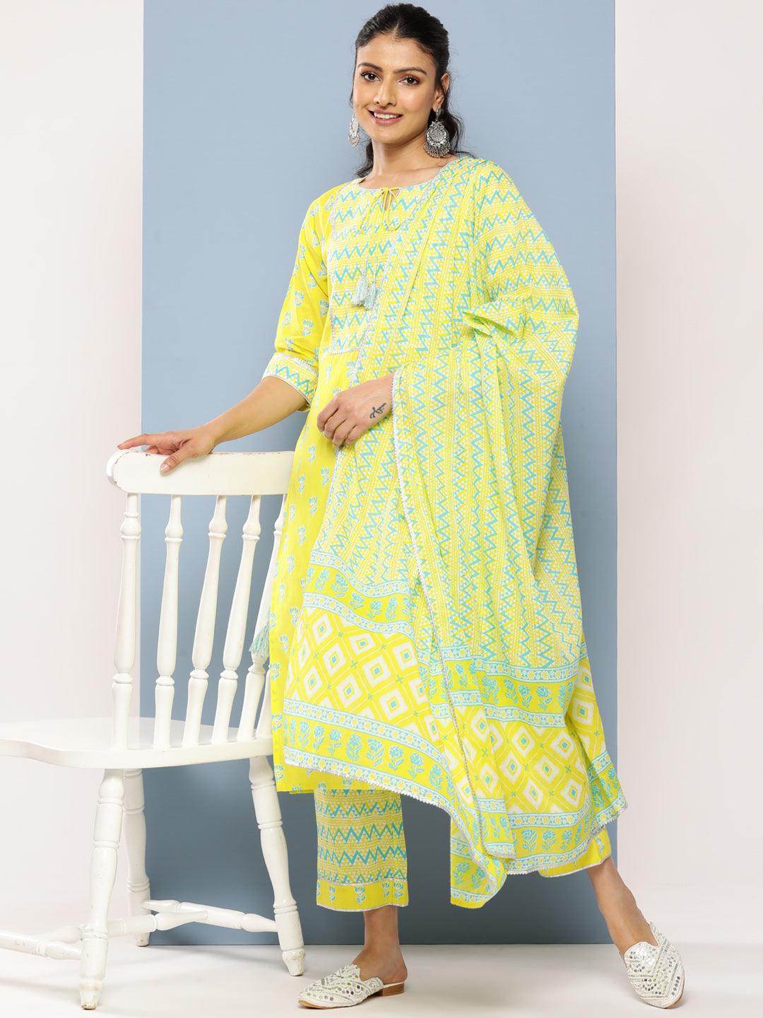 Yellow Yoke Design Cotton Straight Suit Set With Trousers - Libas