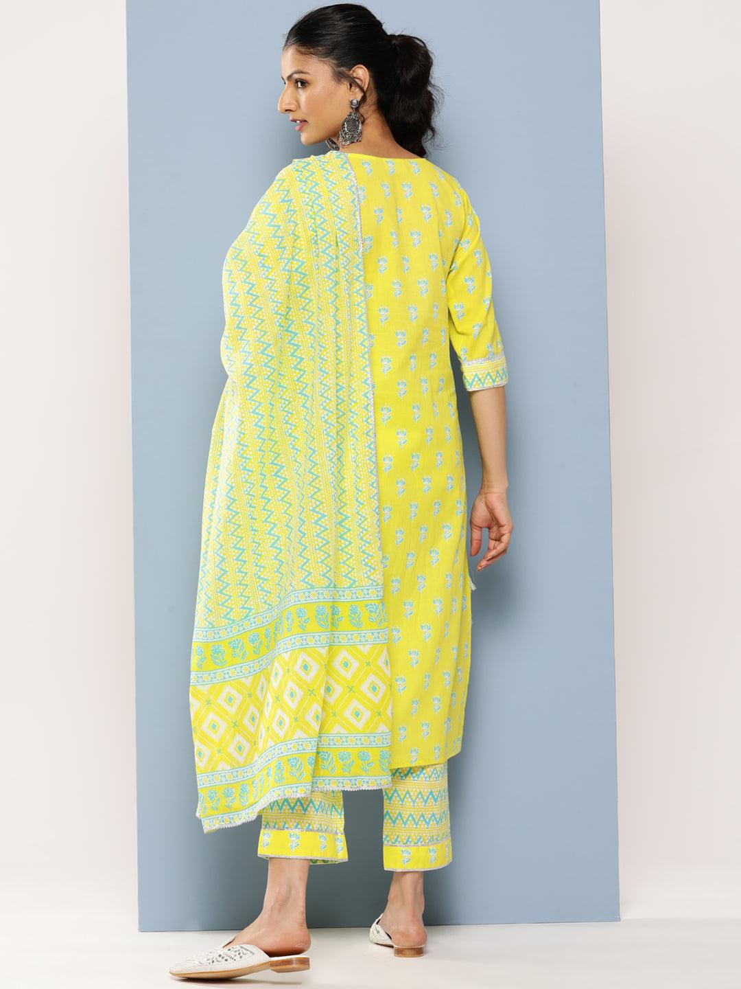 Yellow Yoke Design Cotton Straight Suit Set With Trousers - Libas