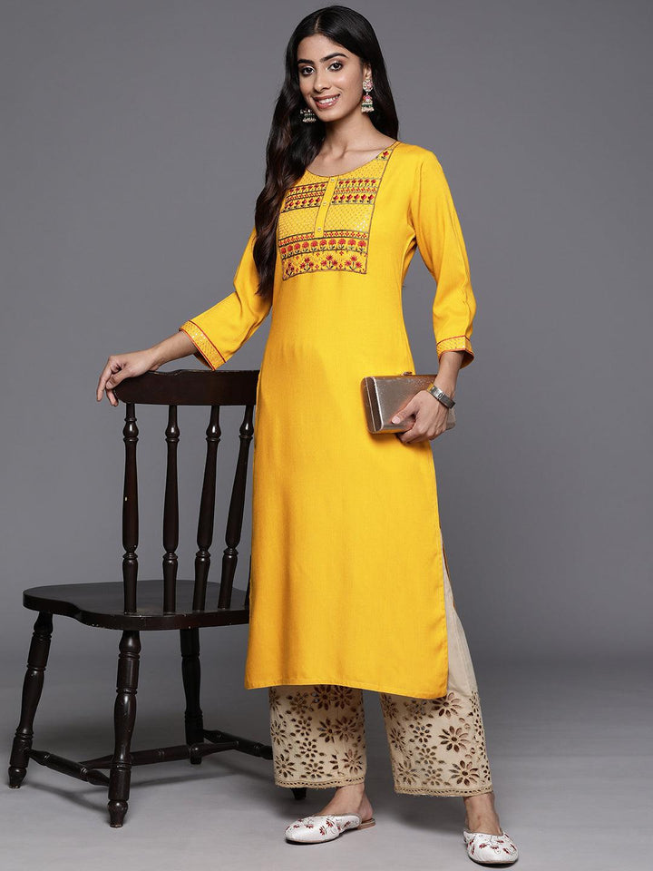 Yellow Yoke Design Rayon Straight Kurta - Libas