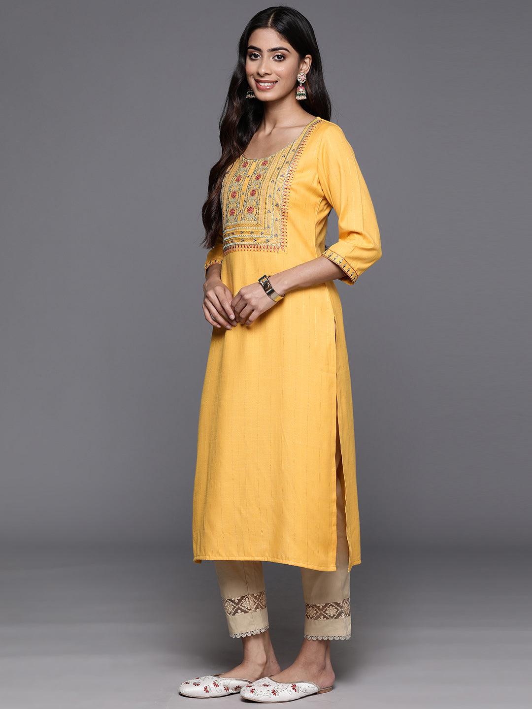 Yellow Yoke Design Rayon Straight Kurta - Libas