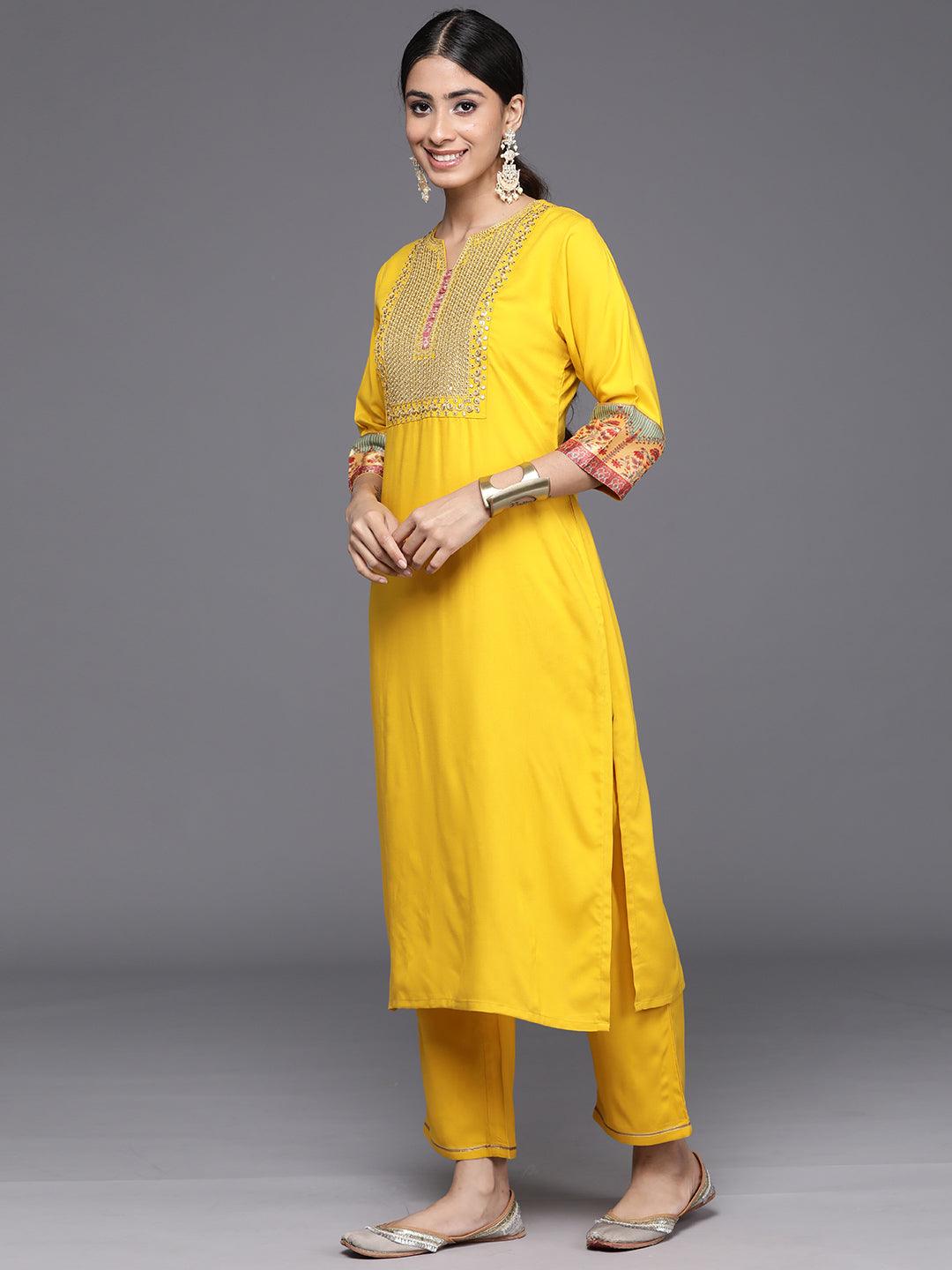 Yellow Yoke Design Rayon Straight Kurta With Trousers & Dupatta