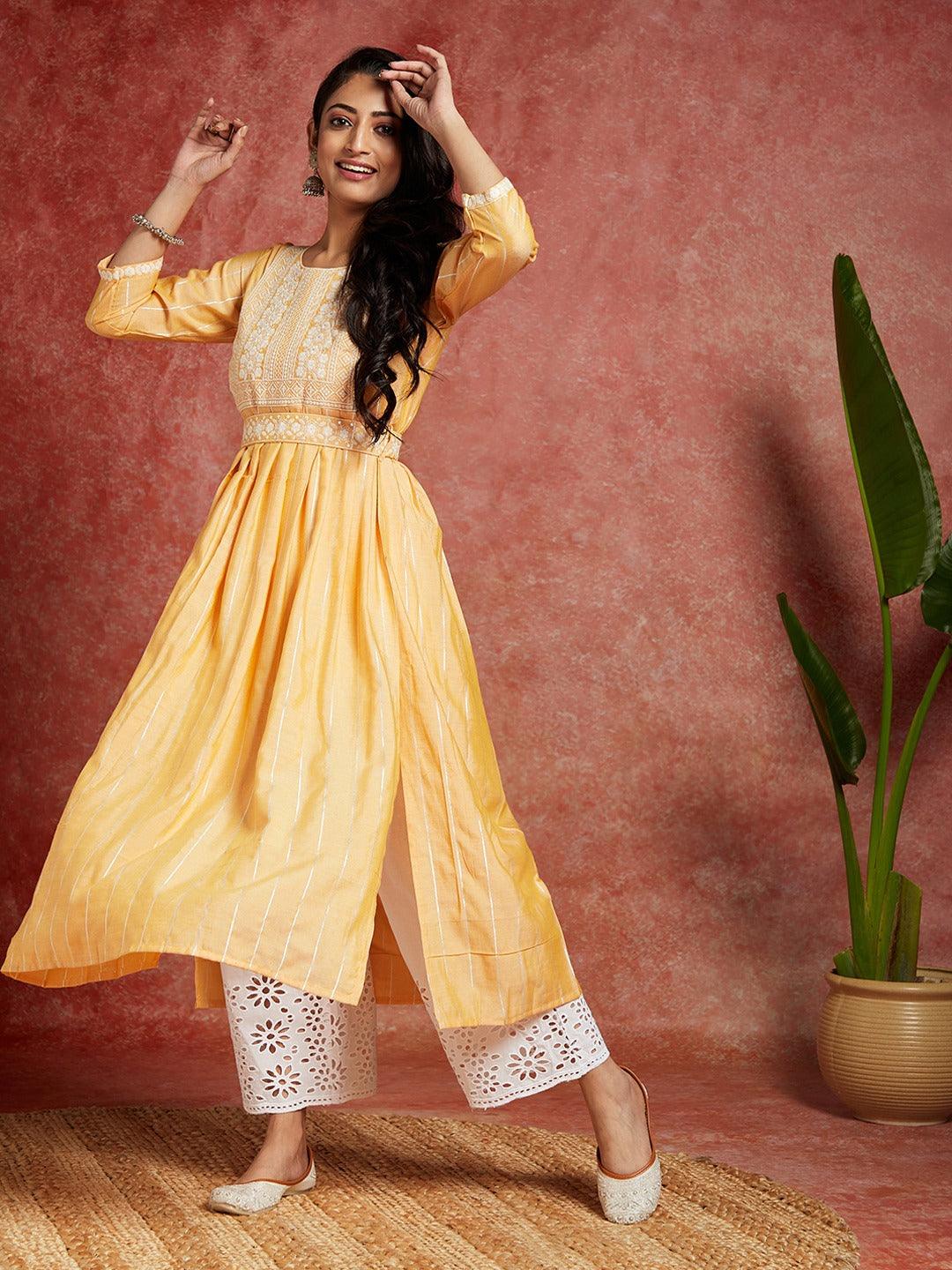 Yellow Yoke Design Silk A-Line Kurta - Libas