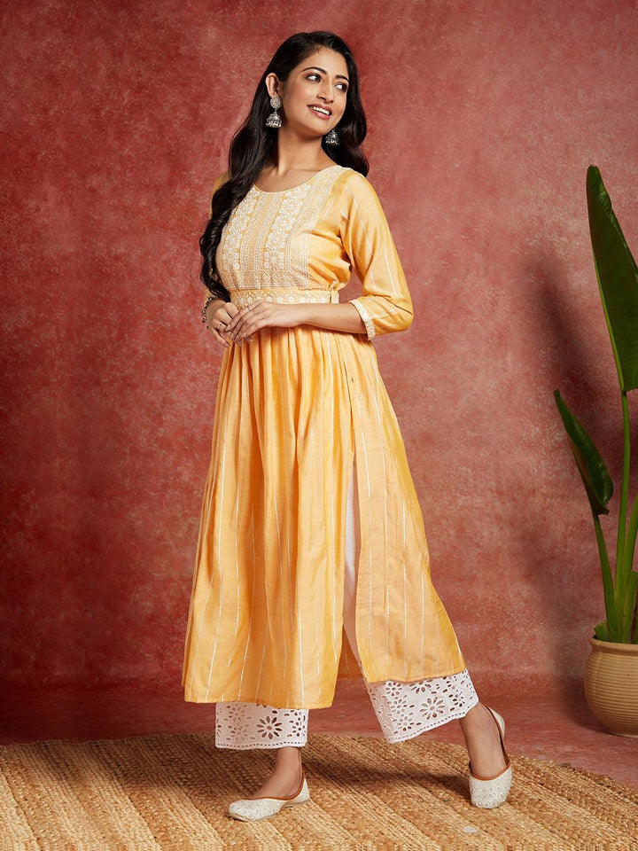 Yellow Yoke Design Silk A-Line Kurta - Libas