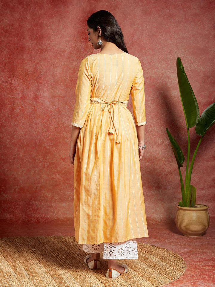 Yellow Yoke Design Silk A-Line Kurta - Libas