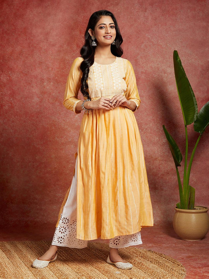 Yellow Yoke Design Silk A-Line Kurta - Libas