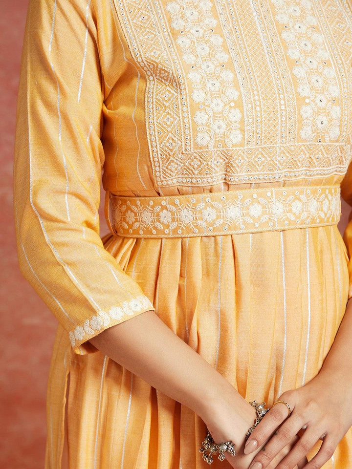 Yellow Yoke Design Silk A-Line Kurta - Libas