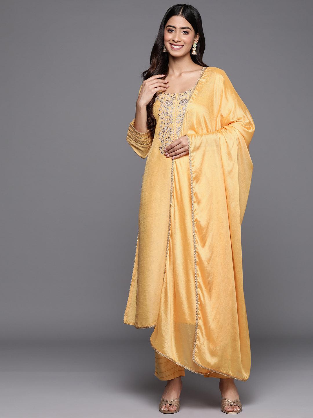 

Yellow Yoke Design Silk Blend Straight Kurta With Trousers & Dupatta