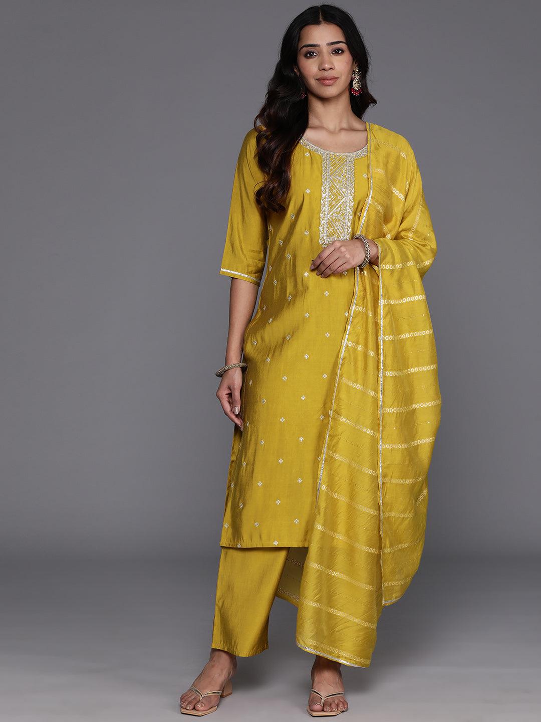 Yellow Yoke Design Silk Blend Straight Kurta With Trousers & Dupatta - Libas 