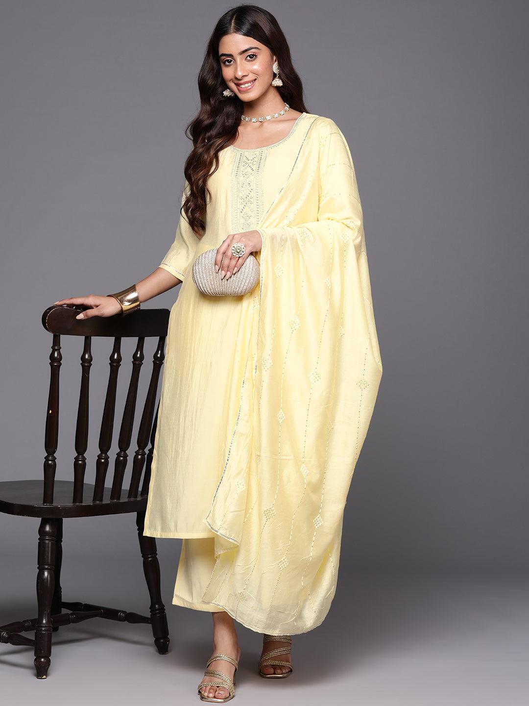 Yellow Yoke Design Silk Blend Straight Kurta With Trousers & Dupatta - Libas